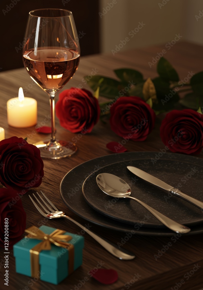 Obraz premium Romantic table setting with rose wine, gift box, and red roses for romantic dinner