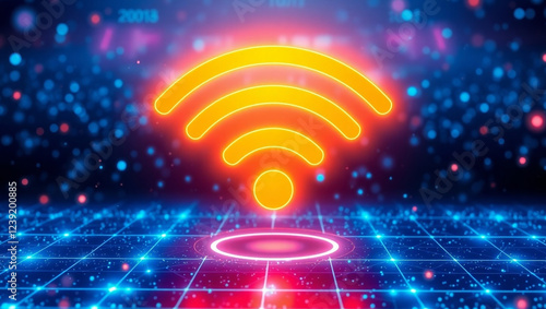 A glowing orange Wi-Fi symbol with digital grid of vibrant blue light background. Wireless wi-fi network technological, digital world technology concept.