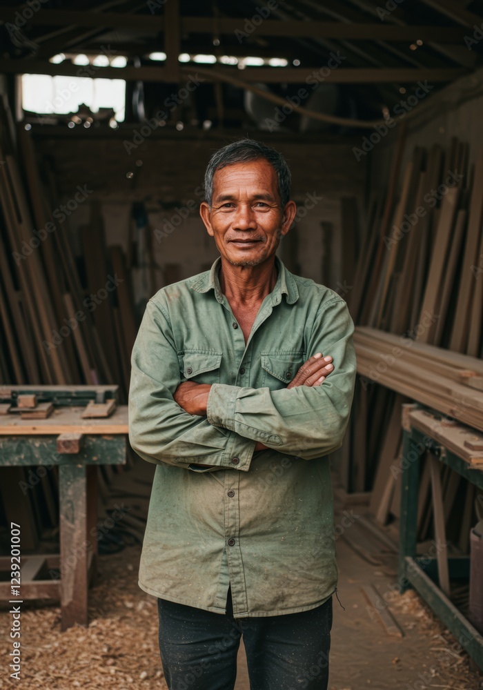 Seasoned Southeast Asian carpenter stands proudly in rustic woodworking studio Seasoned Southeast Asian carpenter stands proudly in rustic woodworking studio