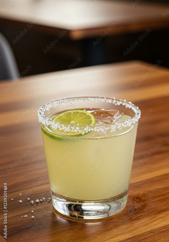 Delicious lime margarita cocktail on a wooden table, ready to be enjoyed at a bar Delicious lime margarita cocktail on a wooden table, ready to be enjoyed at a bar