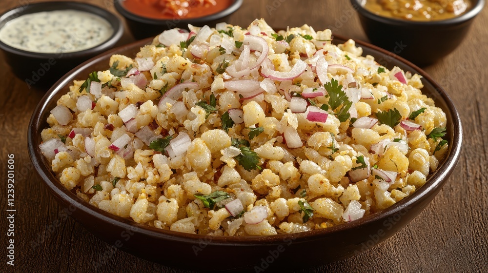 A glowing plate of crunchy bhel puri, garnished with chopped onions, tomatoes, and a generous sprinkle of sev, surrounded by small bowls of tangy chutneys. The scene reflects the joy of Indian A glowing plate of crunchy bhel puri, garnished with chopped onions, tomatoes, and a generous sprinkle of sev, surrounded by small bowls of tangy chutneys. The scene reflects the joy of Indian