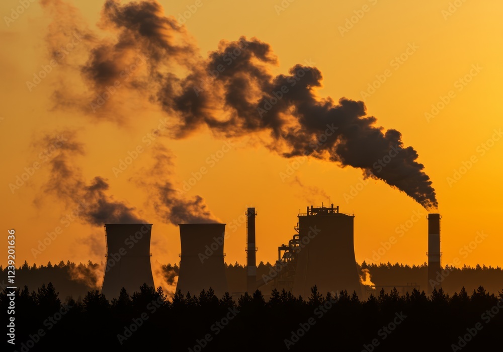 Smoking power plant silhouetted against the golden sunrise with dark trees below Smoking power plant silhouetted against the golden sunrise with dark trees below