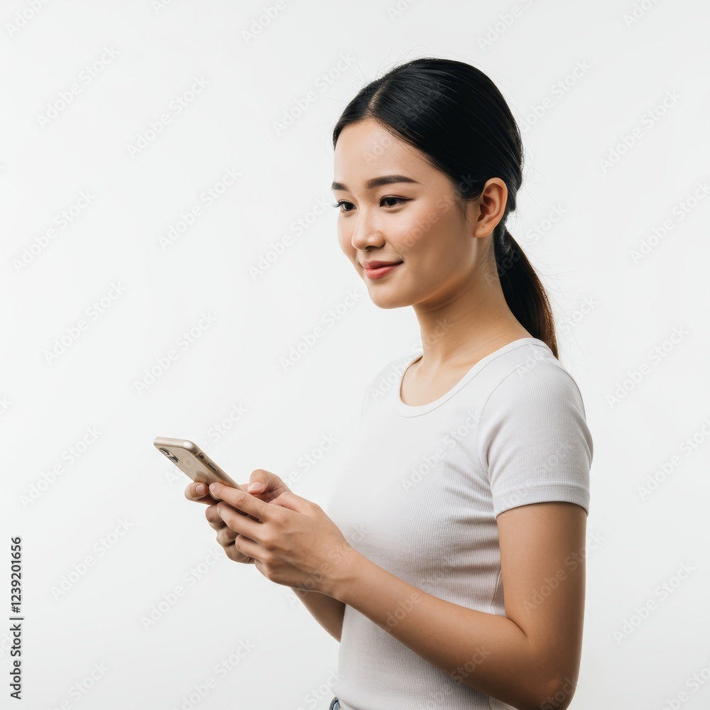 Smiling Asian woman using smartphone with a light background, technology and communication Smiling Asian woman using smartphone with a light background, technology and communication