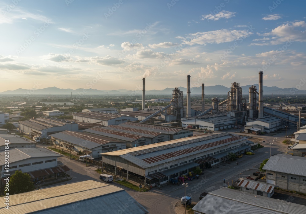 Obraz premium Aerial view of sprawling industrial plant complex with multiple buildings and chimneys