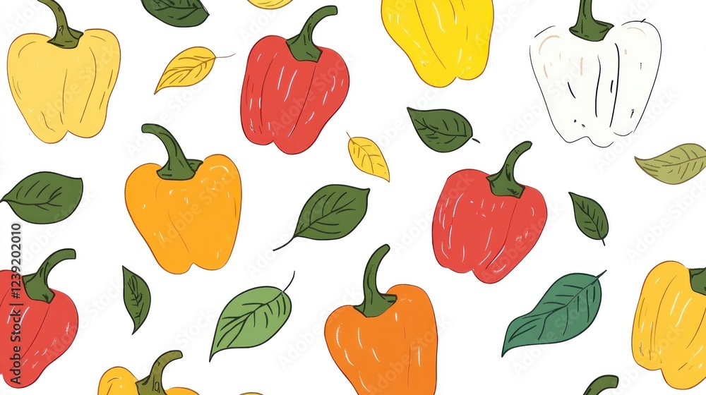 Colorful bell peppers and leaves pattern, autumnal theme, food blog background Colorful bell peppers and leaves pattern, autumnal theme, food blog background