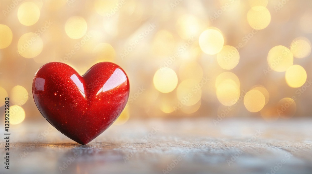 Red Glittery Heart on Wooden Surface with Golden Bokeh Background Red Glittery Heart on Wooden Surface with Golden Bokeh Background