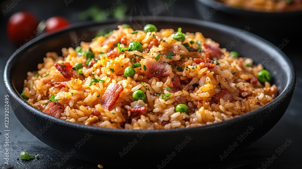 Delicious fried rice with bacon and peas in rustic black bowl on dark background Delicious fried rice with bacon and peas in rustic black bowl on dark background
