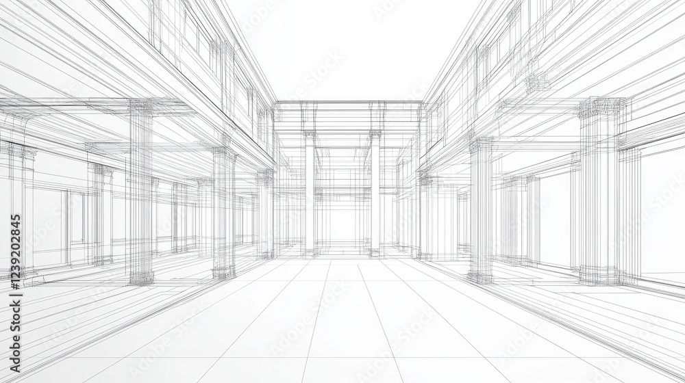 A 3D vector rendering of a buildings wireframe structure, showcasing a conceptual architectural blueprint A 3D vector rendering of a buildings wireframe structure, showcasing a conceptual architectural blueprint