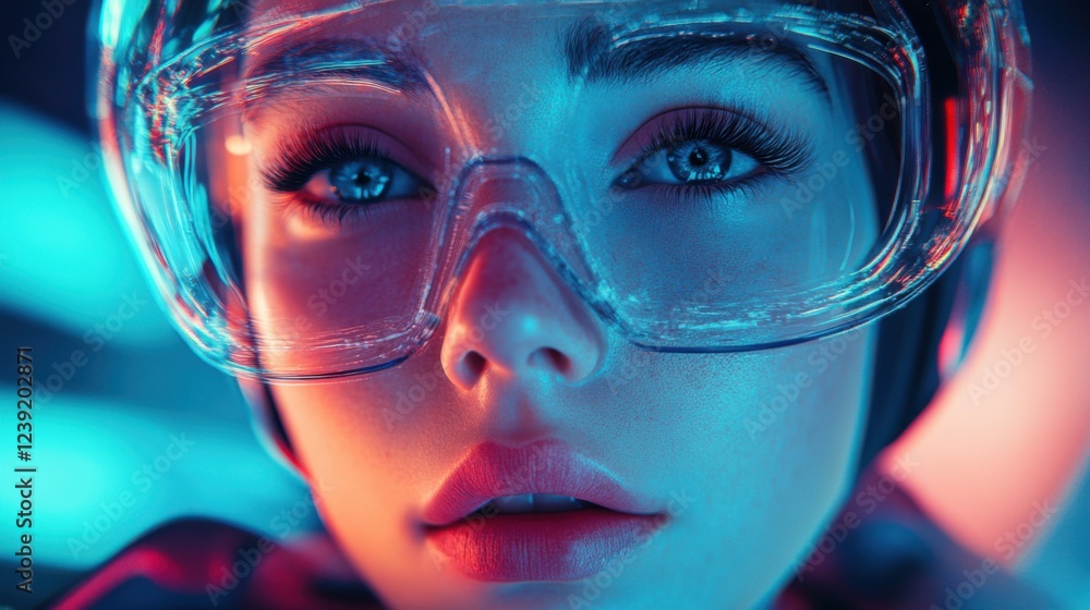 Close-up of young woman in high-tech goggles with vibrant neon lighting Close-up of young woman in high-tech goggles with vibrant neon lighting