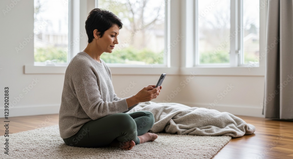 Serene Moment with Smartphone: A woman sits in a relaxed posture, engrossed in her smartphone. Natural light fills the room, highlighting a moment of tranquility and modern connectivity. Serene Moment with Smartphone: A woman sits in a relaxed posture, engrossed in her smartphone. Natural light fills the room, highlighting a moment of tranquility and modern connectivity.