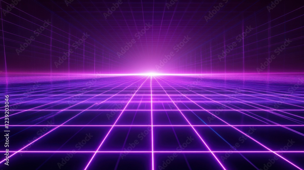 A 3D-rendered cyberpunk-inspired neon grid space with glowing purple perspective lines, creating a futuristic digital scene A 3D-rendered cyberpunk-inspired neon grid space with glowing purple perspective lines, creating a futuristic digital scene