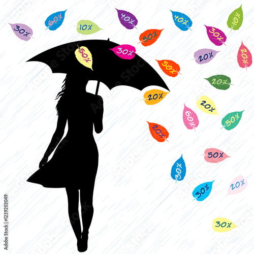 Abstract sale and discount concept with woman with umbrella and colorful leaves having discount percentage.eps