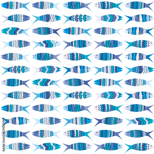 Background with blue fish lined up in rows.eps