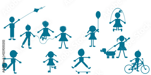 Illustration with hand-drawn stylized children playing outdoor.eps