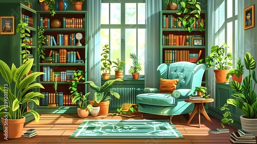 Room interior with green and brown bookcases, an armchair, books, and houseplants. Cozy old-fashioned classic interior design. Furniture set. Interior constructor. Cartoon vector illustration