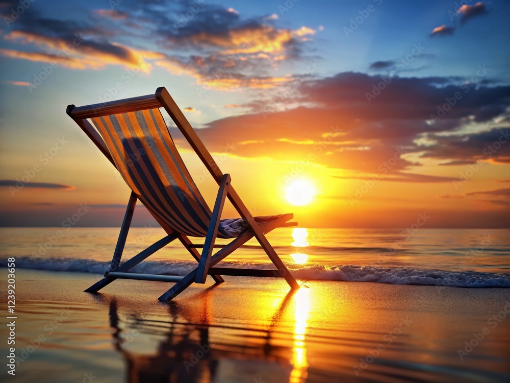 Fototapeta premium Silhouette of Beach Chair at Sunset, 3D Render Isolated on White Background