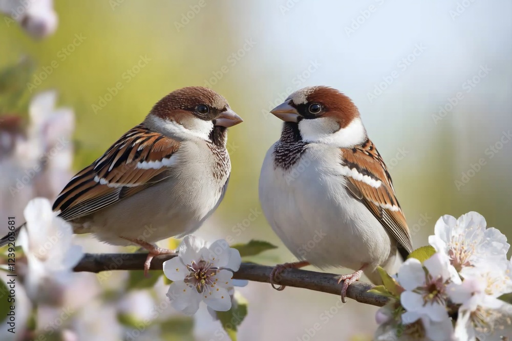 Two sparrows on blossoming branch, spring garden Two sparrows on blossoming branch, spring garden