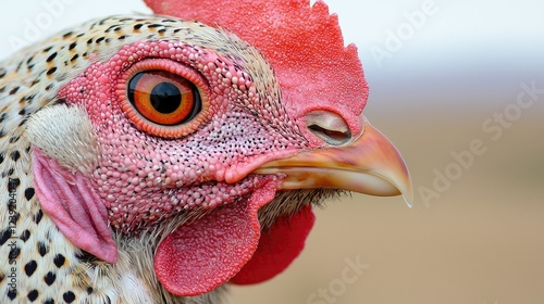 Close-up of hen's head, outdoors, blurred background, farm setting, poultry image photo