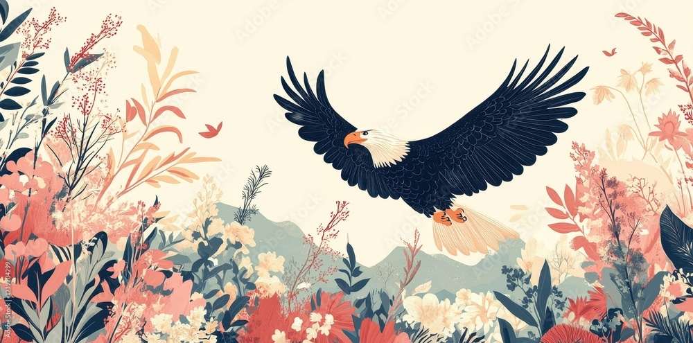 Obraz premium Majestic Bald Eagle Soaring Above Vibrant Floral Landscape