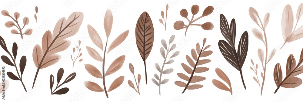 Mocha mousse, brown abstract botanical pattern featuring various leaves and branches in neutral earth tones, design for backgrounds or wallpaper Mocha mousse, brown abstract botanical pattern featuring various leaves and branches in neutral earth tones, design for backgrounds or wallpaper