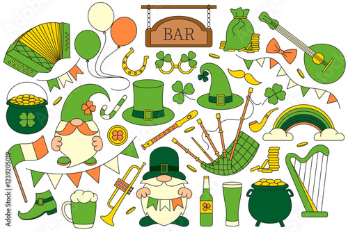 Vector set of St. Patrick's Day, simple linear icons, Irish folk musical instruments, festive flags, garlands, leprechauns, clover leaves, good luck symbols, retro vintage style