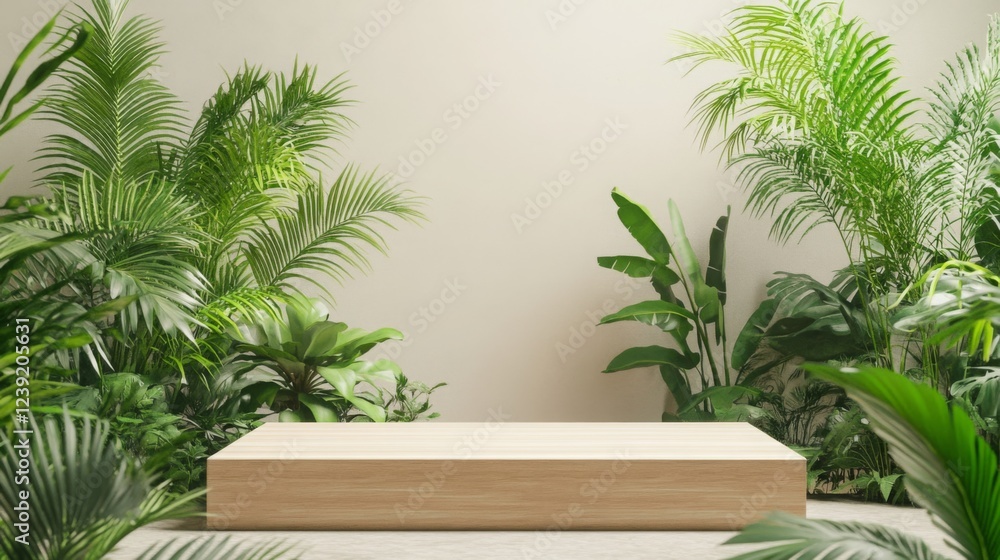 Fototapeta premium A spacious wooden podium stands amid vibrant green plants, creating a serene atmosphere. The setting is bright and inviting, perfect for a spring event or presentation focused on nature.