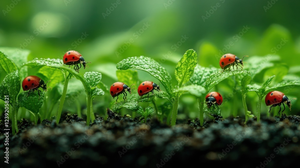 Ladybugs crawling on fresh green leaves in a lush garden setting