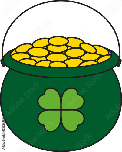 St. Patrick's Day, full pot of gold coins, four-leaf clover, retro vintage style, vector flat icon isolated on a white transparent background