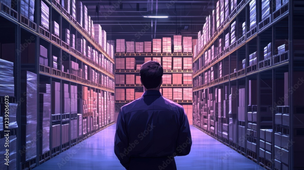Man in warehouse facing shelves of boxes in dim lighting Man in warehouse facing shelves of boxes in dim lighting
