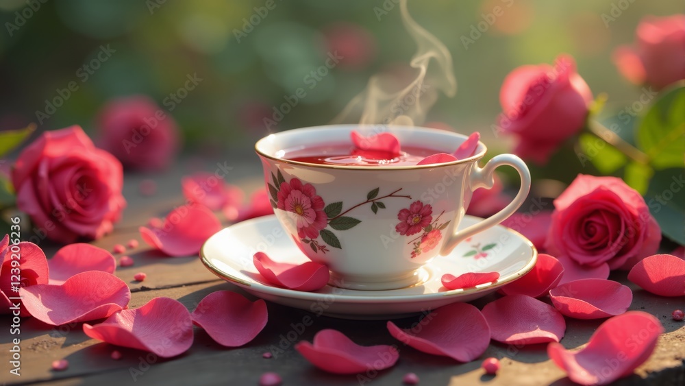 Delicate cup of tea surrounded by rose petals on a sunny afternoon in the garden Delicate cup of tea surrounded by rose petals on a sunny afternoon in the garden