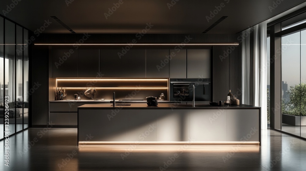 Fototapeta premium A cutting-edge kitchen featuring sleek cabinetry, state-of-the-art appliances, and a spacious central island, all highlighted by ambient lighting and expansive windows for a minimalist look