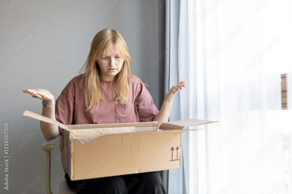 Unhappy young blonde woman frustrated by wrong order shopping online. Upset female buyer unbox parcel buying on web confused with bad delivery service. Shipping concept