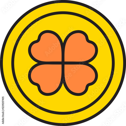 St. Patrick's Day, gold coin with four-leaf clover, retro vintage style, vector flat icon isolated on a white transparent background