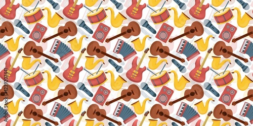 musical instrumental seamless pattern. fabric, textile, wallpaper and template design concept. hobby, interest, lifestyle, song, singer, sound, and music themes