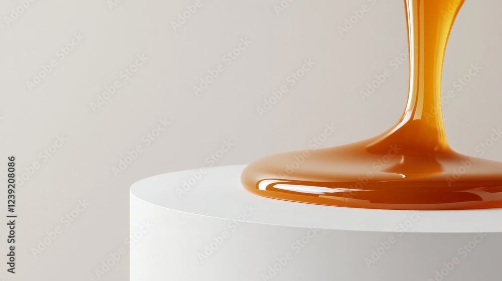 A dripping caramel sauce effect over a white podium, showcasing the glossy texture of sweet melted toffee against a clean background