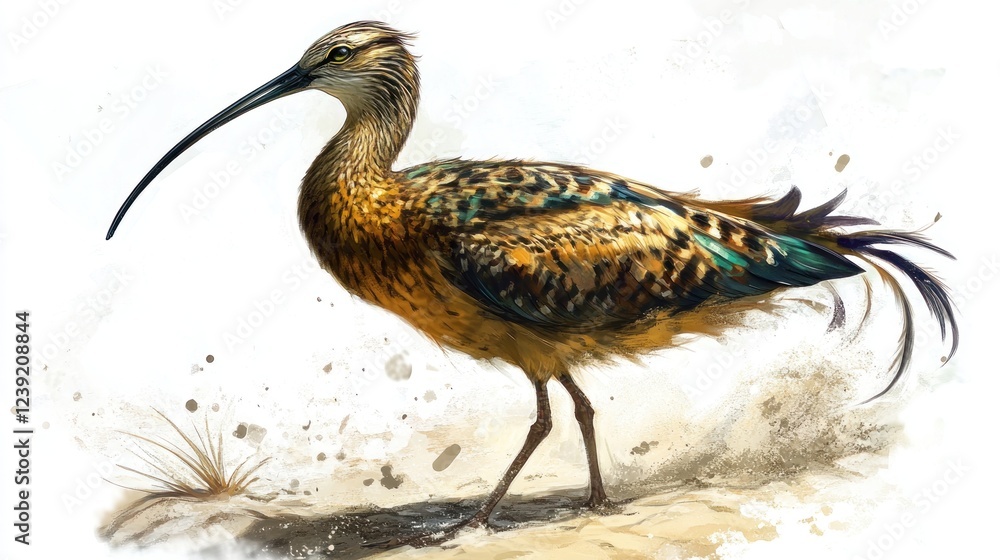 Fototapeta premium Curlew bird coastal habitat, wildlife illustration