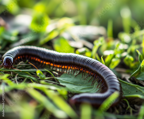 On the lawn, there are many millipedes photo