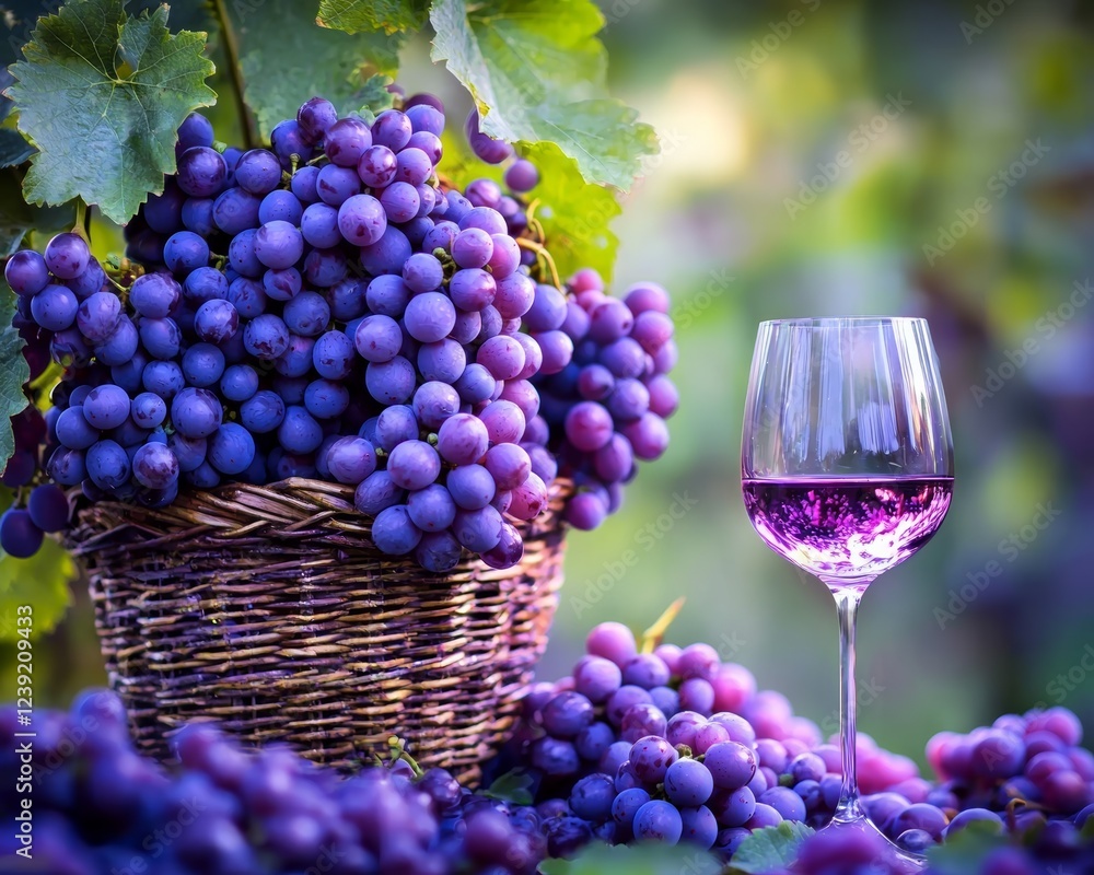 Naklejka premium A captivating scene of rich purple grapes cascading from a rustic woven basket, paired with a crystal-clear wine glass filled to perfection.