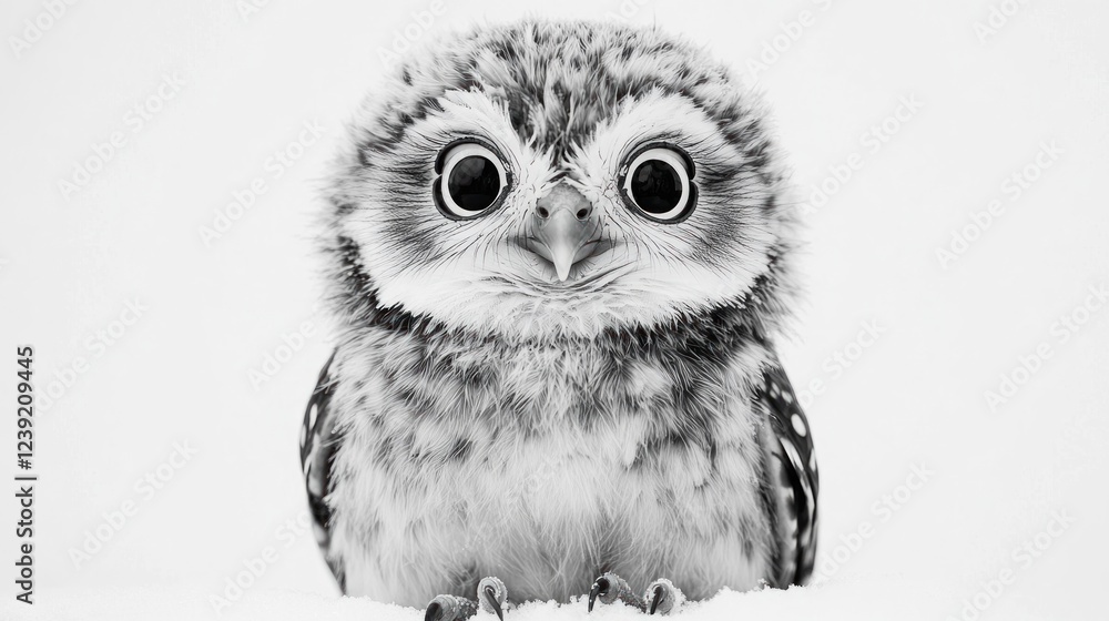 Fototapeta premium Cute baby owl portrait, snowy background, wildlife, nature