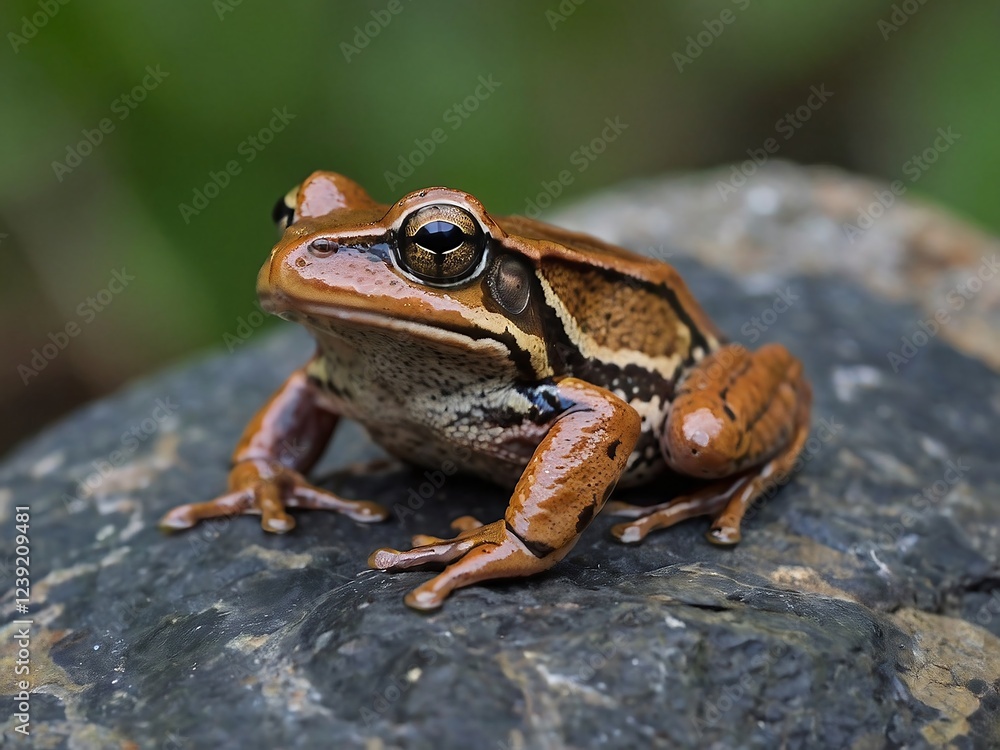 Fototapeta premium Close Up Macro of a Colorful North American Frog Sitting on a Rock in Its Natural Wetland Habitat