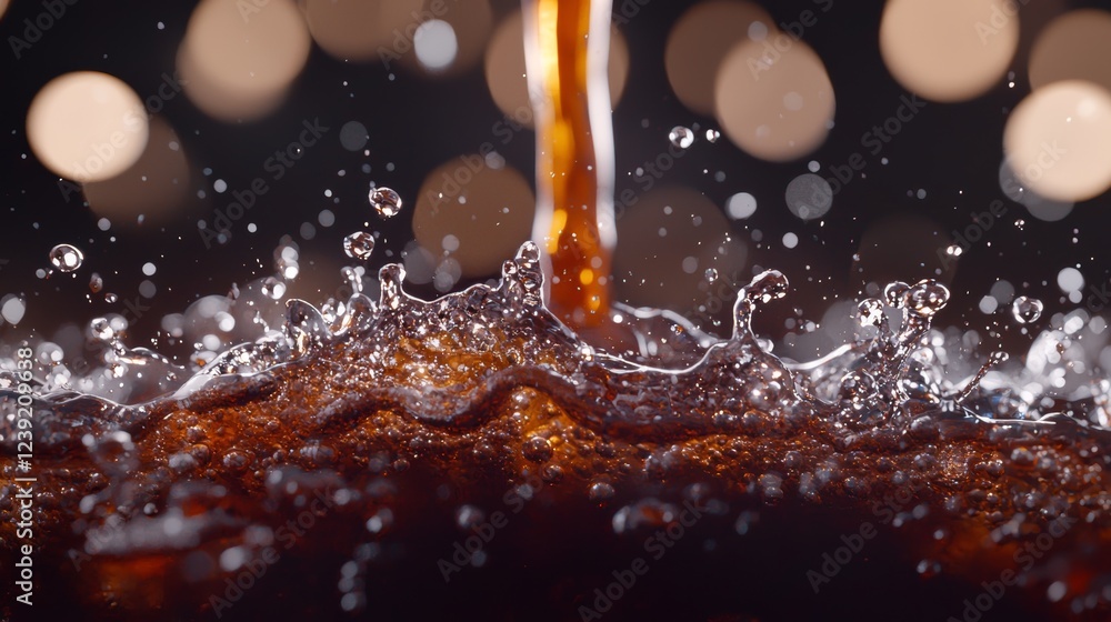 A close-up coffee shot focusing on the interaction between the pouring liquid and the bubbling surface, with splashes and textures filling the frame. A close-up coffee shot focusing on the interaction between the pouring liquid and the bubbling surface, with splashes and textures filling the frame.