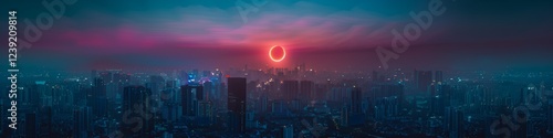 Wallpaper Mural total solar eclipse over city in Japan with neon-lit buildings and eerie red sky from high altitude Torontodigital.ca