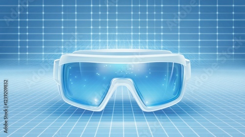 A futuristic vector illustration of 3D VR glasses displayed on a blue grid background, ideal for digital applications photo