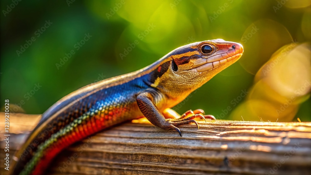 Obraz premium Skink Basking on Old Wooden Fence - Reptile Wildlife Stock Photo