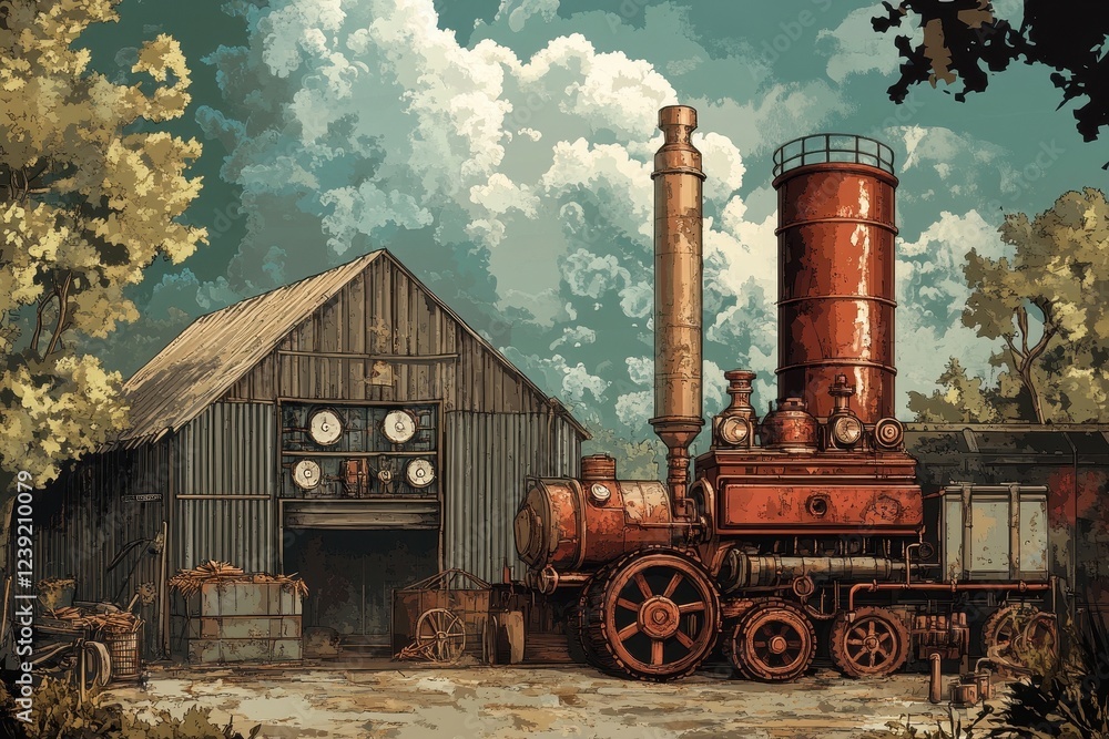 Obraz premium Rusty Steam Engine Rests Near a Rustic Barn