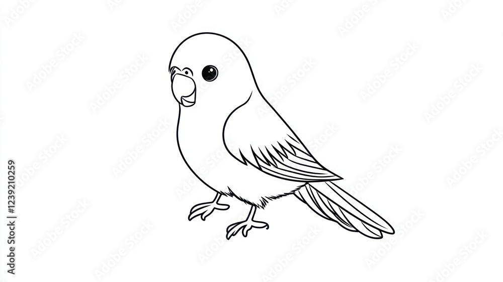 Obraz premium Cute budgie line drawing, pet bird illustration, white background, coloring page