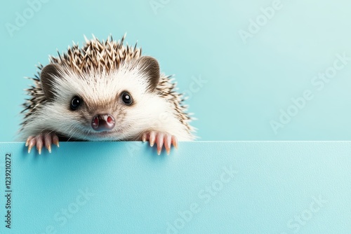 Cute hedgehog peeking over a turquoise edge on blue background