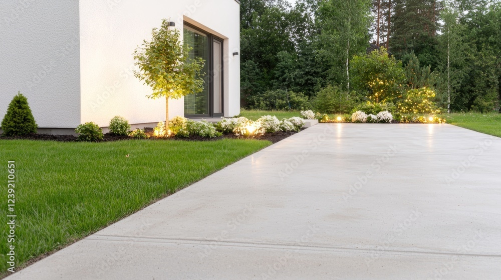 Obraz premium Modern house, landscaped garden, evening lighting, concrete path