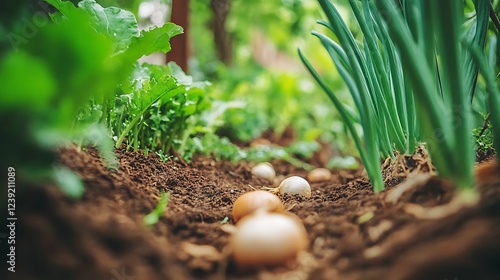 A Thriving Organic Vegetable Field with Companion Planting: Harnessing Symbiotic Farming for Sustainable and Biodiverse Crop Growth photo