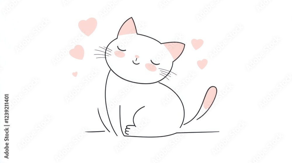 Cute cartoon cat, happy, hearts, white background, greeting card Cute cartoon cat, happy, hearts, white background, greeting card